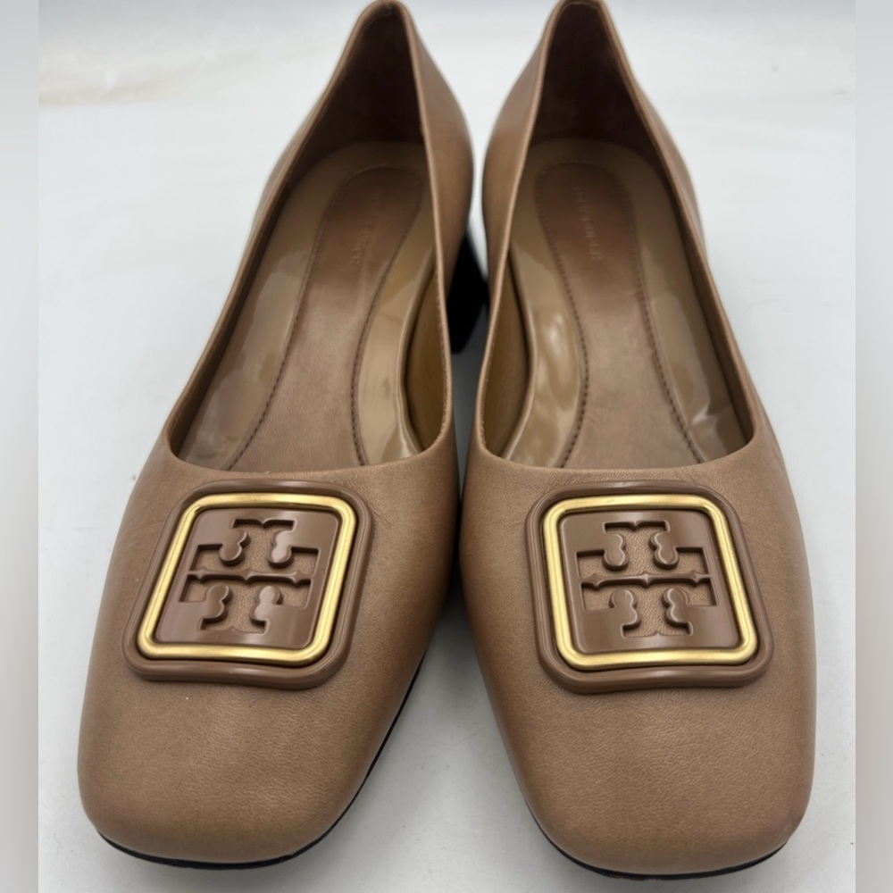 TORY BURCH Georgia Leather 35mm Pump Square Heel Almond Flour Women’s Size 8.5 - Picture 8 of 15
